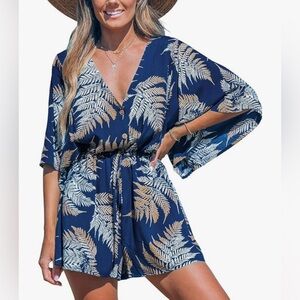 Cupshe Navy and Gold Leaf Print Swim Coverup